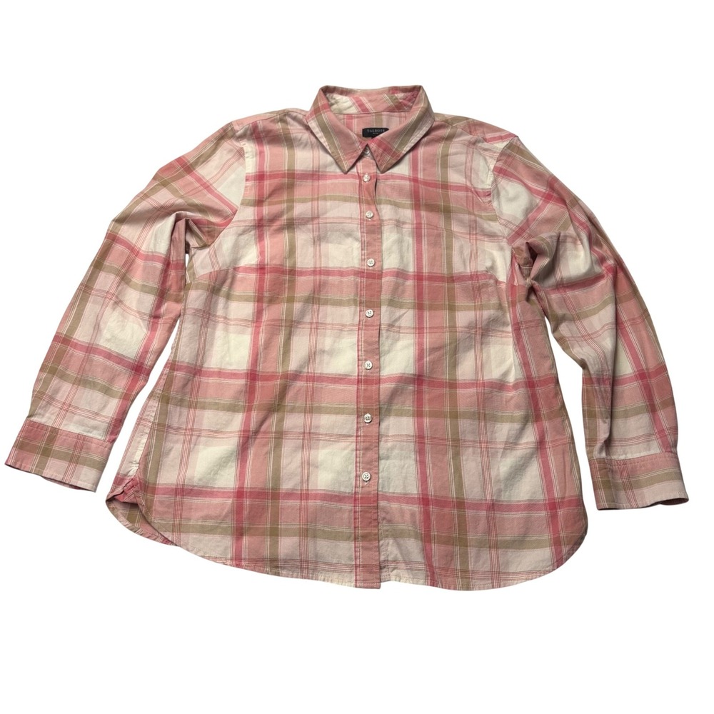 Talbots Petite Plaid Shirt Womens LP Large Pink Cream 100% Cotton Preppy